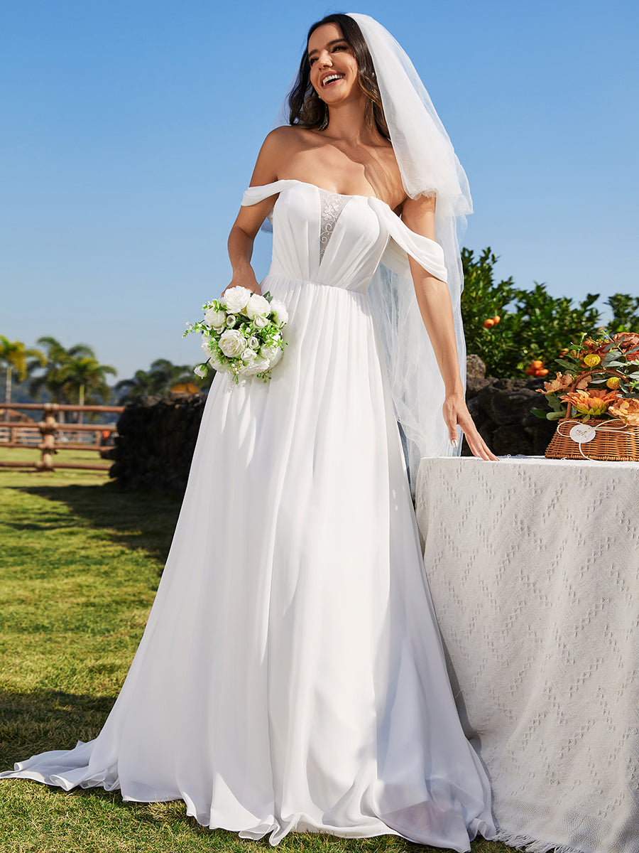 Color=White | Off Shoulder Chiffon Wholesale Wedding Dressees With Half Sleeves-White 4