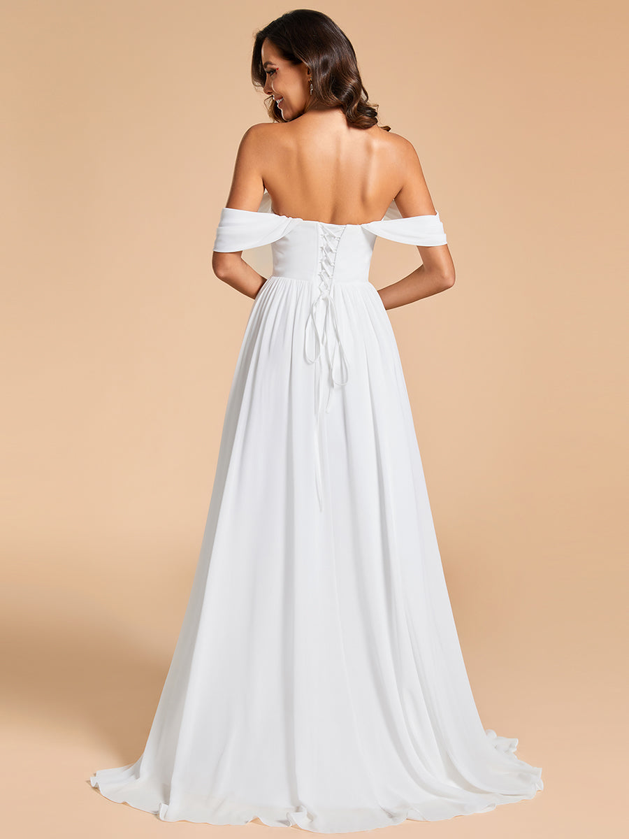 Color=White | Off Shoulder Chiffon Wholesale Wedding Dressees With Half Sleeves-White 5
