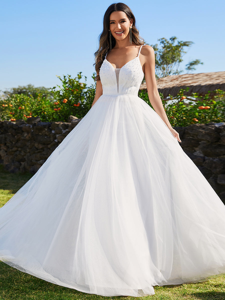 Color=White | Spaghetti Straps SleevelessTulle Beaded Wholesale Wedding Dress -White 1