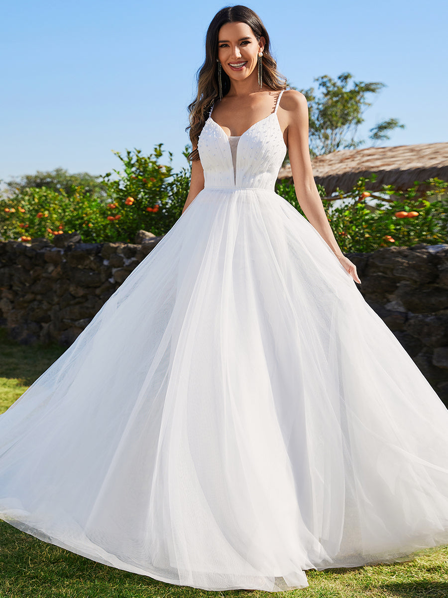 Spaghetti Straps Sleeveless Tulle Pearl Beaded Wholesale Wedding Dress Spaghetti Straps Sleeveless Tulle Pearl Beaded Wholesale Wedding Dress