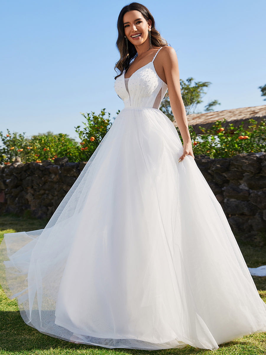 Color=White | Spaghetti Straps SleevelessTulle Beaded Wholesale Wedding Dress -White 4