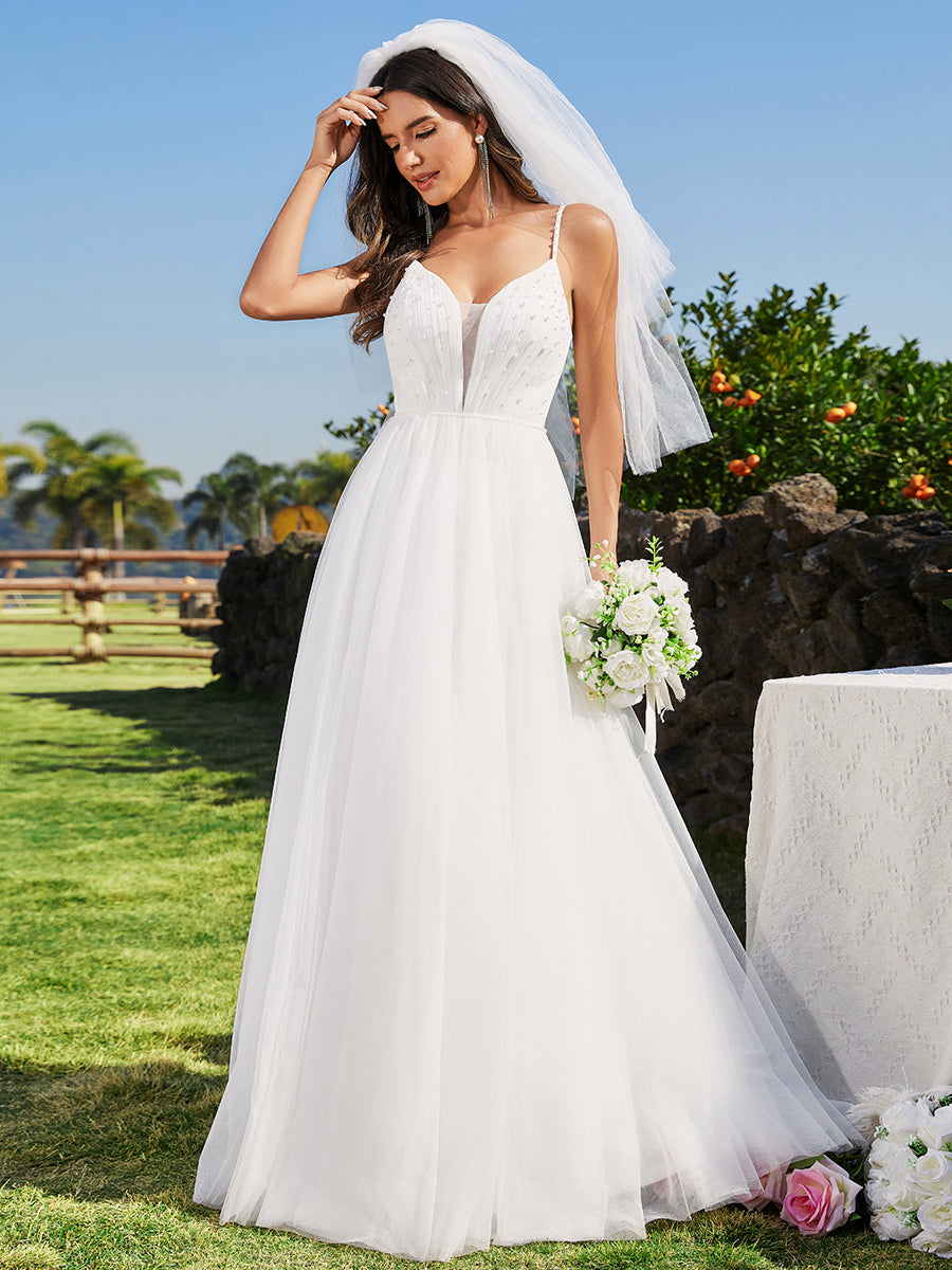 Color=White | Spaghetti Straps SleevelessTulle Beaded Wholesale Wedding Dress -White 3
