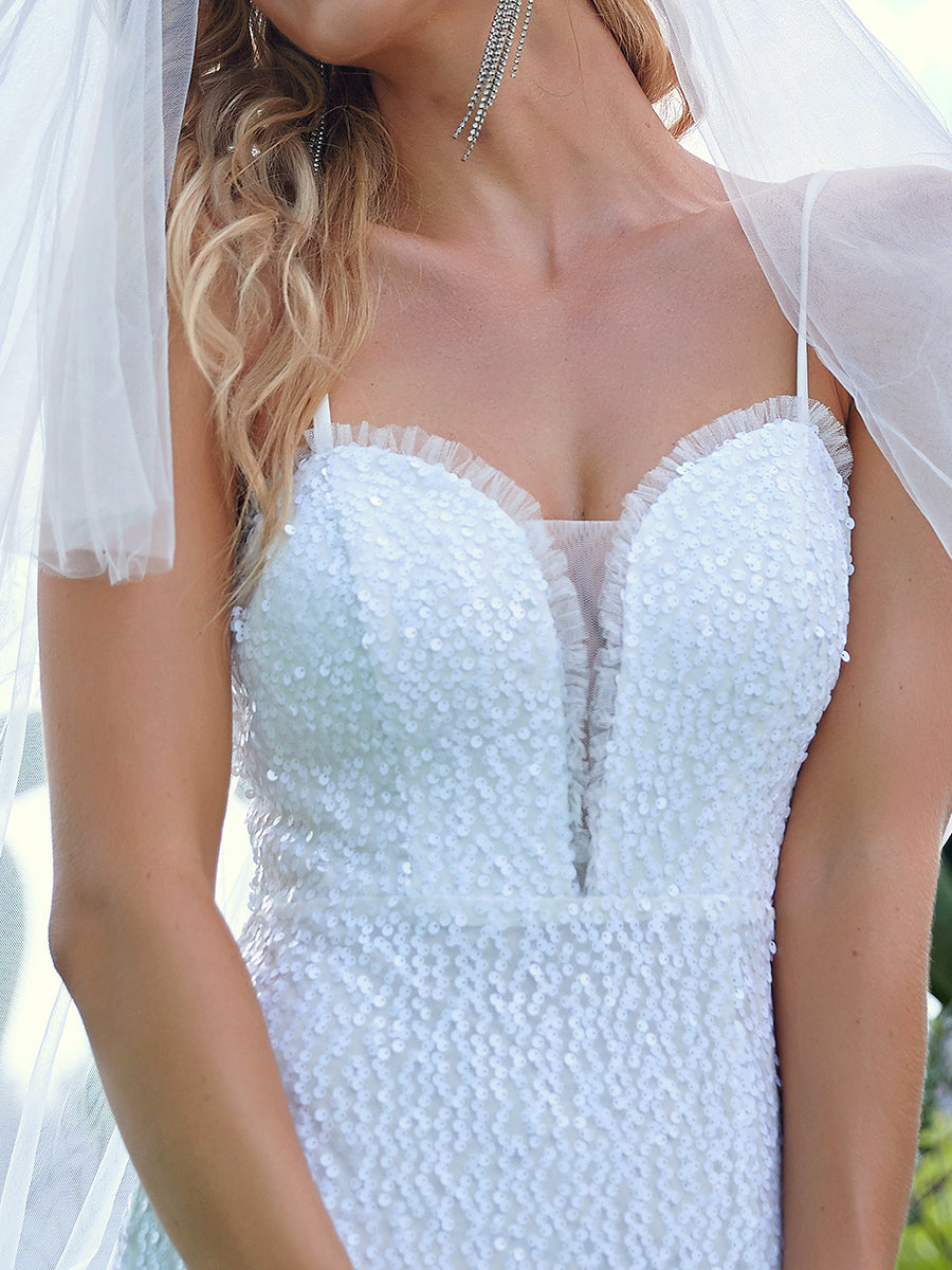 Color=Cream | Sexy Deep V Neck Fishtail Silhouette Wholesale Wedding Dresses-Cream 5