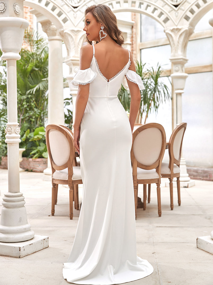Color=Cream | Deep V-Neck Fishtail Silhouette Wholesale Wedding Dresses-Cream 2