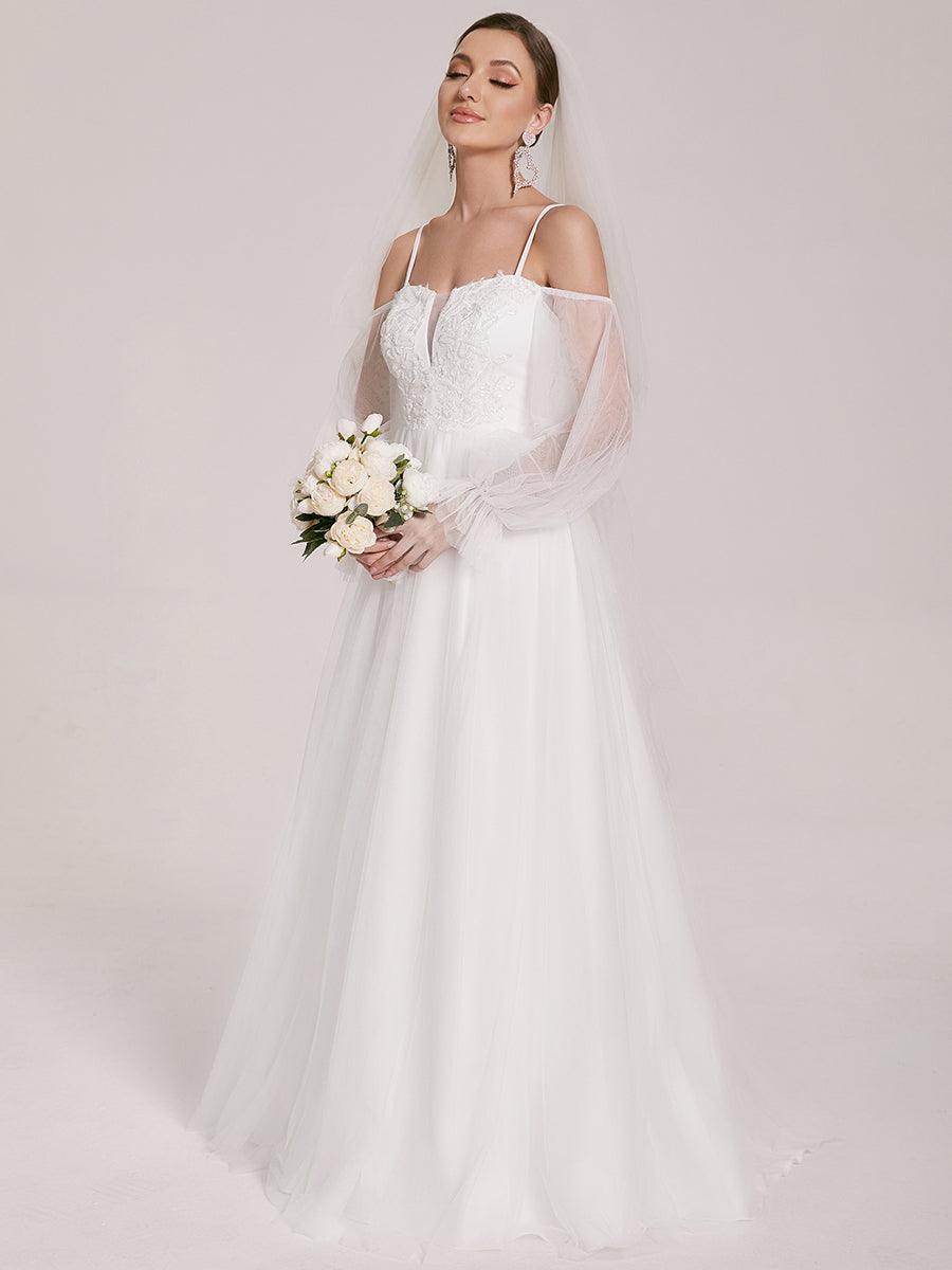 Color=Cream | See Through Lantern Sleeves Wholesale Wedding Dresses-Cream 4