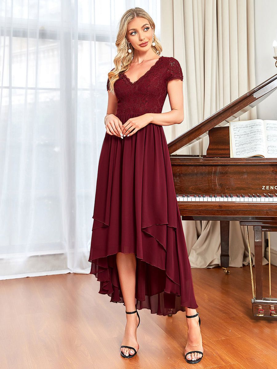 Color=Burgundy | Wholesale Mother of Bridesmaid Dresses with Deep V Neck Short Sleeves-Burgundy 4