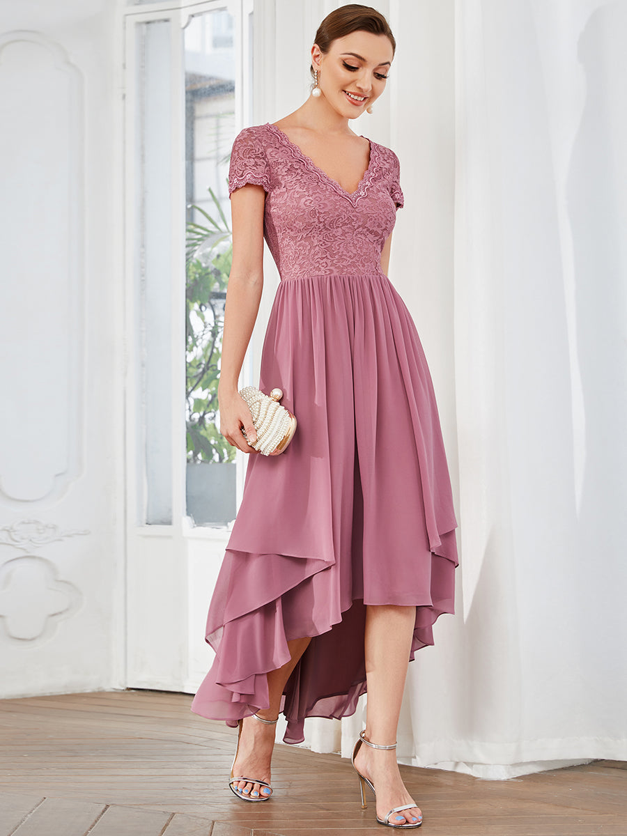 Color=Orchid | Wholesale Mother of Bridesmaid Dresses with Deep V Neck Short Sleeves-Orchid 3