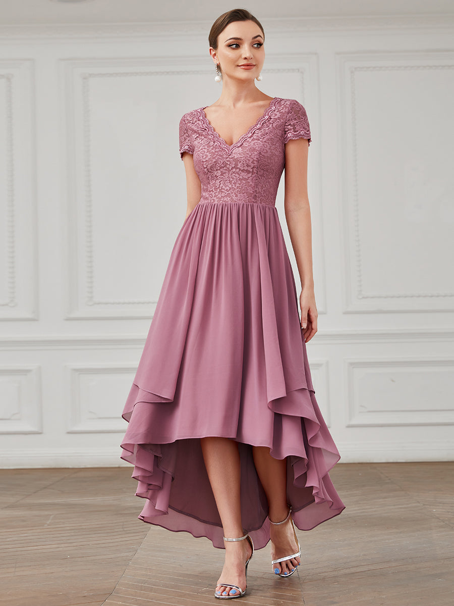 Color=Orchid | Wholesale Mother of Bridesmaid Dresses with Deep V Neck Short Sleeves-Orchid 1