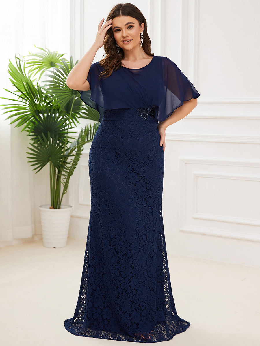 Plus Size Fishtail Ruffles Sleeves Wholesale Mother of Bridesmaid Dresses#Color_Navy Blue 