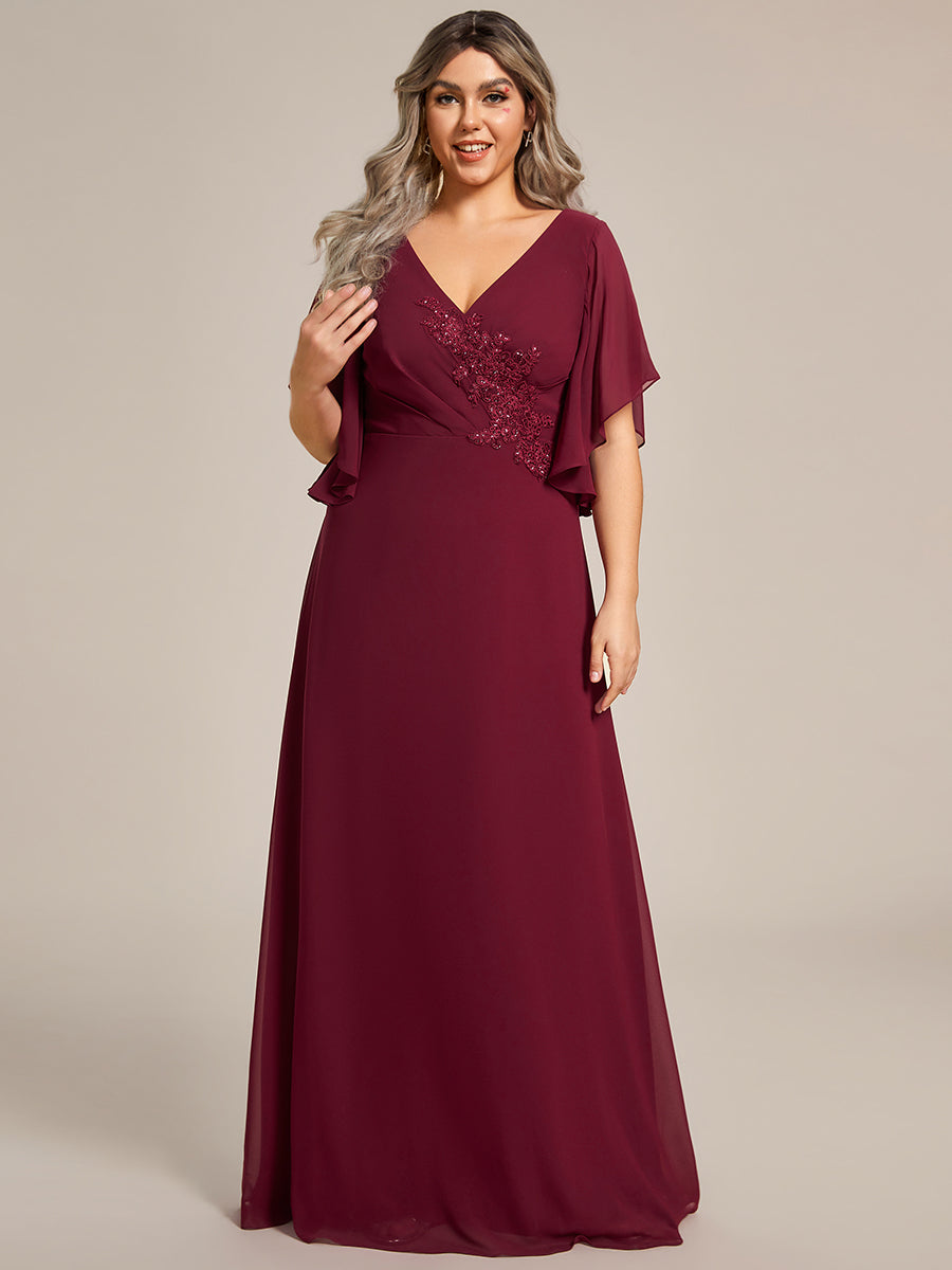 Color=Burgundy | Maxi Long Chiffon Floral Embroidery Wholesale Evening Dresses With Short Sleeves-Burgundy 1