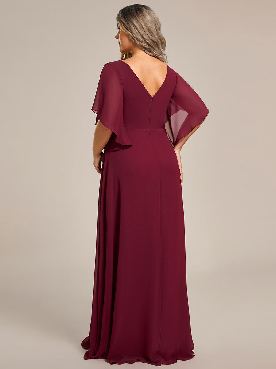 Color=Burgundy | Maxi Long Chiffon Floral Embroidery Wholesale Evening Dresses With Short Sleeves-Burgundy 1