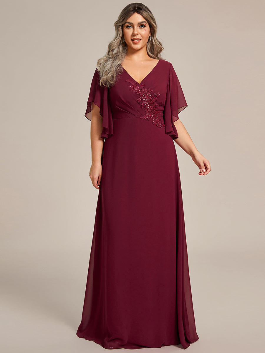 Color=Burgundy | Maxi Long Chiffon Floral Embroidery Wholesale Evening Dresses With Short Sleeves-Burgundy 1