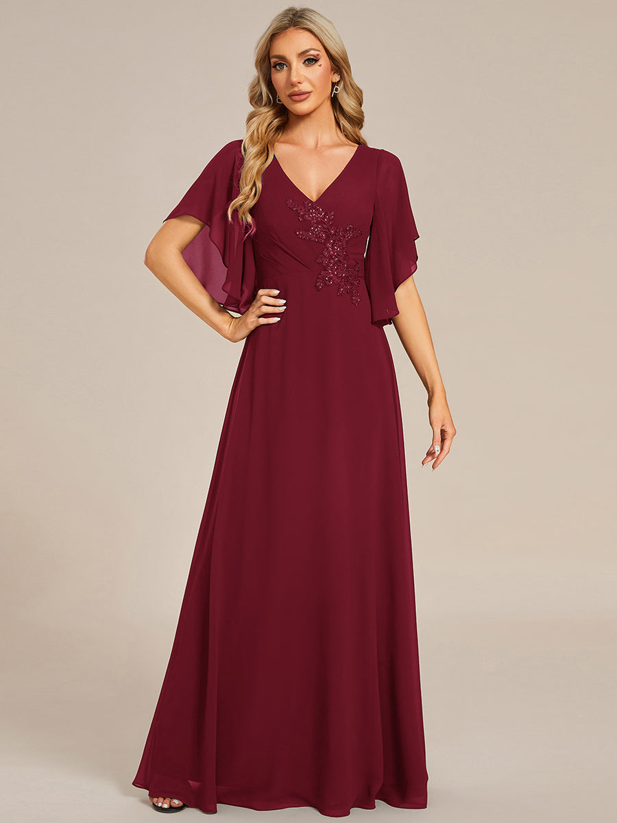 Color=Burgundy | Maxi Long Chiffon Floral Embroidery Wholesale Evening Dresses With Short Sleeves-Burgundy 5