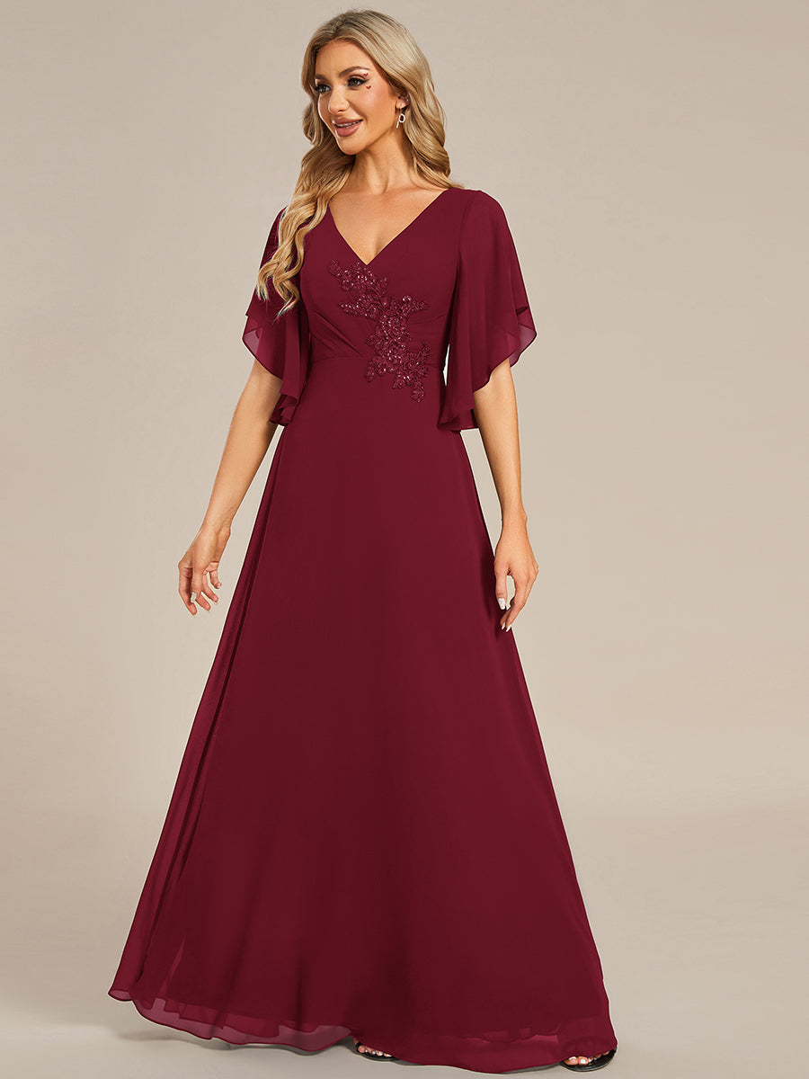 Color=Burgundy | Maxi Long Chiffon Floral Embroidery Wholesale Evening Dresses With Short Sleeves-Burgundy 2