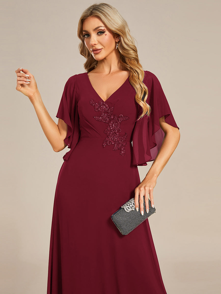 Color=Burgundy | Maxi Long Chiffon Floral Embroidery Wholesale Evening Dresses With Short Sleeves-Burgundy 3