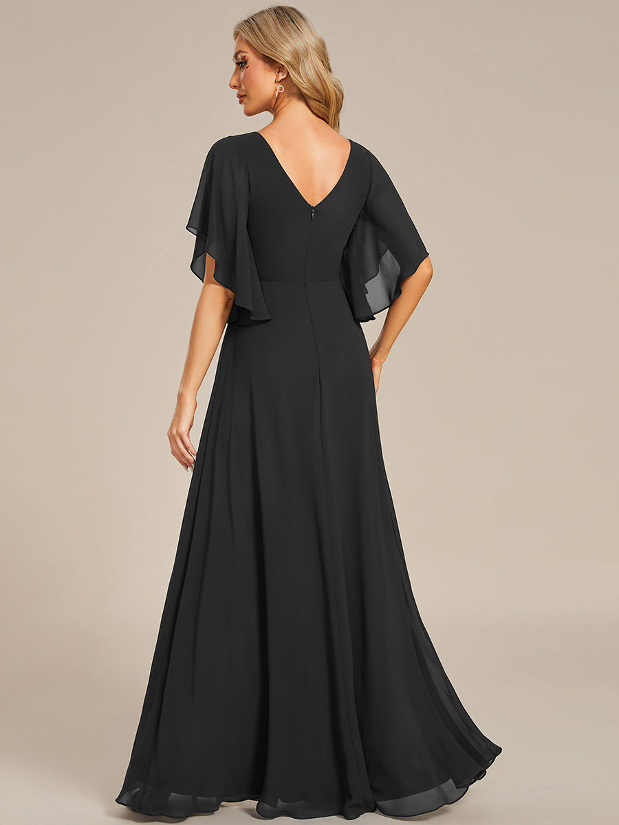 Color=Black | Maxi Long Chiffon Floral Embroidery Wholesale Evening Dresses With Short Sleeves-Black 14