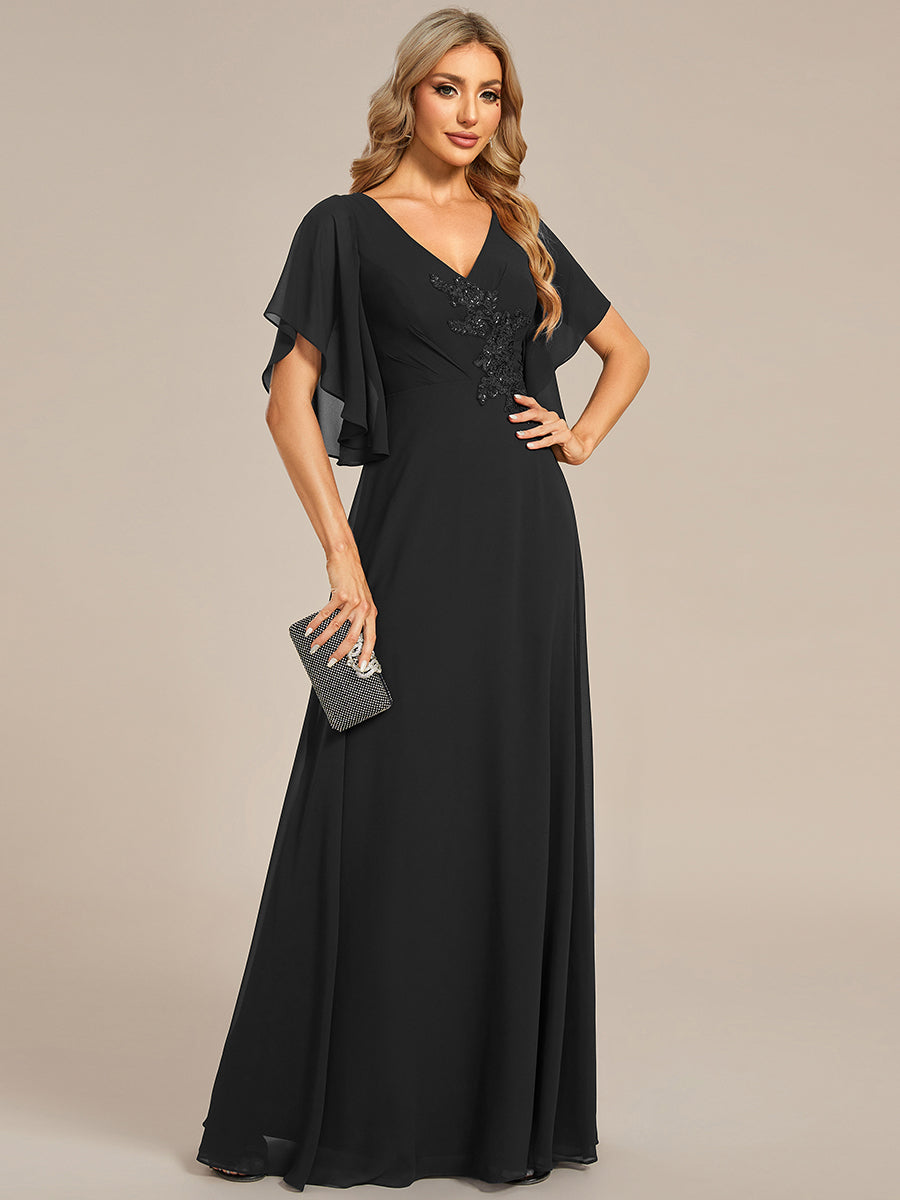Color=Black | Maxi Long Chiffon Floral Embroidery Wholesale Evening Dresses With Short Sleeves-Black 13