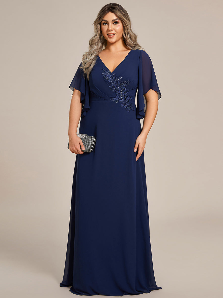 Color=Navy Blue | Maxi Long Chiffon Floral Embroidery Wholesale Evening Dresses With Short Sleeves-Navy Blue 5