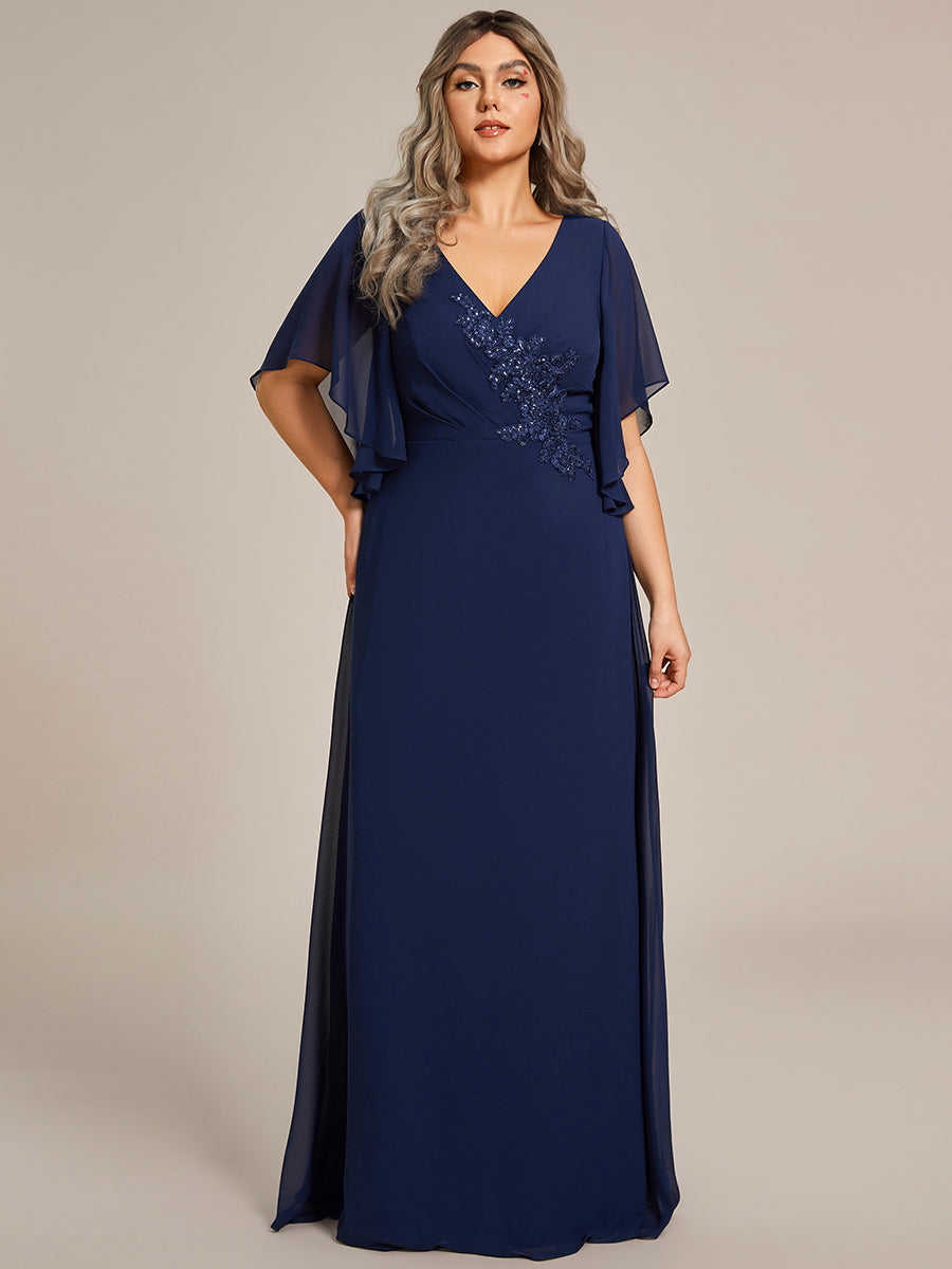 Color=Navy Blue | Maxi Long Chiffon Floral Embroidery Wholesale Evening Dresses With Short Sleeves-Navy Blue 2