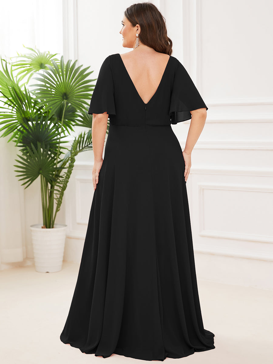 Color=Black | Plus Size Deep V Neck Short Ruffles Sleeves A Line Wholesale Bridesmaid Dresses-Black 2