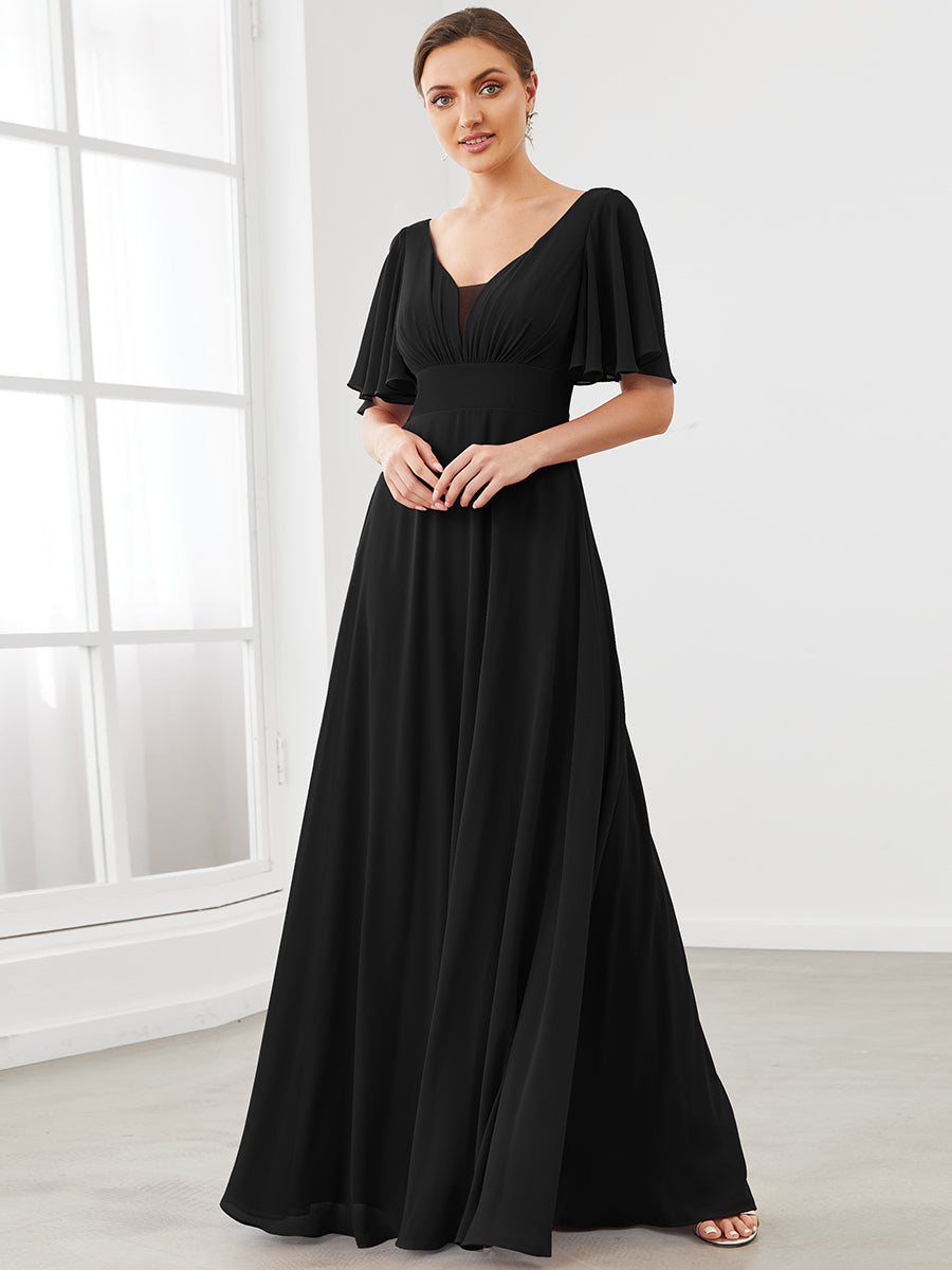 Color=Black | Deep V Neck Short Ruffles Sleeves A Line Wholesale Bridesmaid Dresses-Black 1