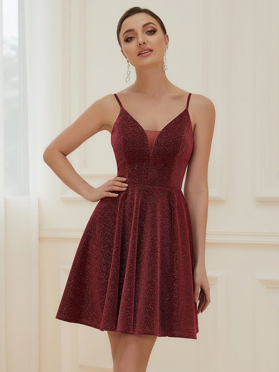 Color=Burgundy | Shiny Spaghetti Strap Short A Line Prom Dress-Burgundy 4