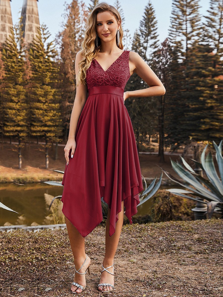 Color=Burgundy | Stunning Wholesale V Neck Lace & Chiffon Prom Dress For Women-Burgundy 1