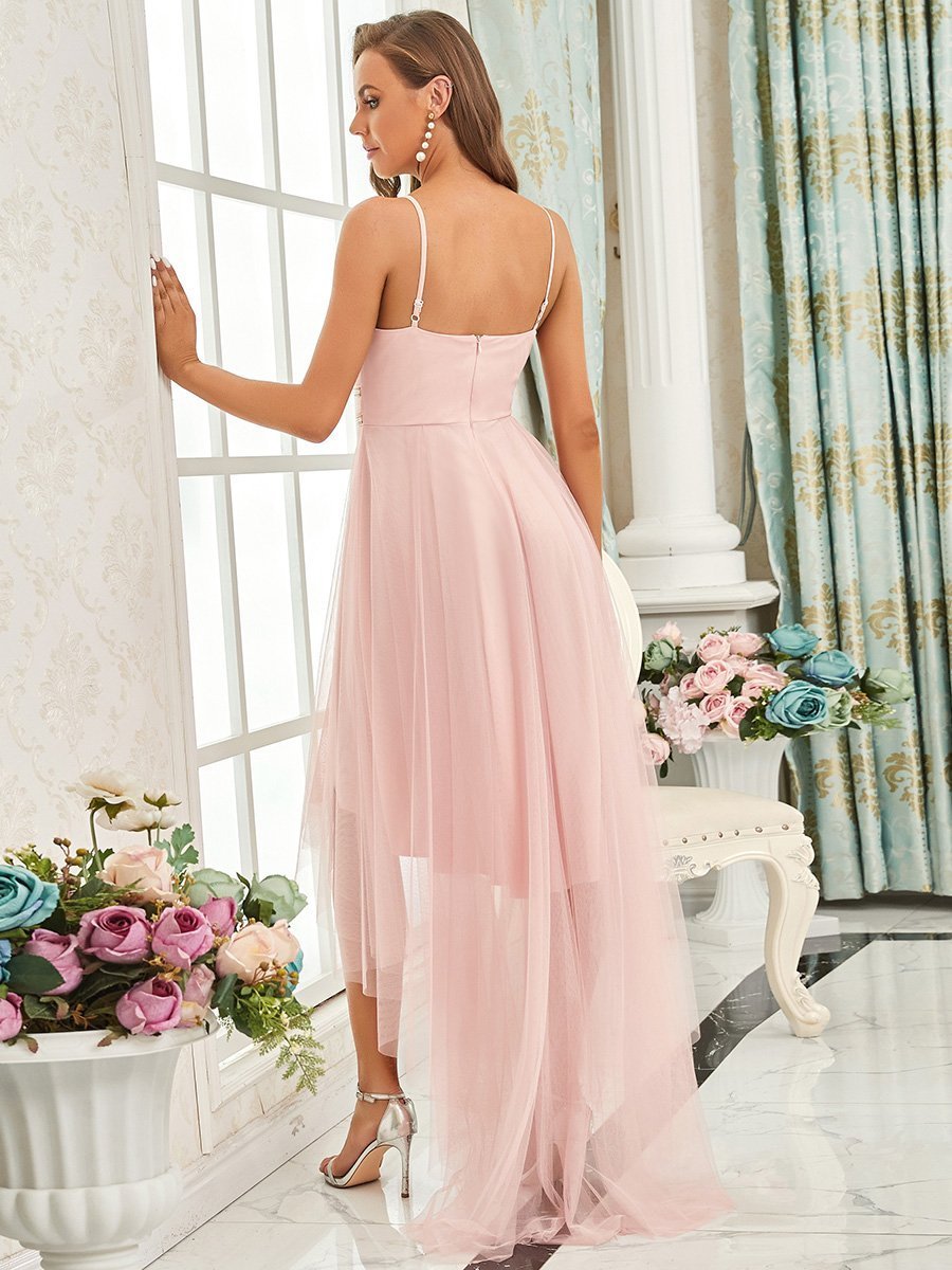 Color=Pink | Modest Wholesale High-Low Tulle Prom Dress For Women-Pink 2