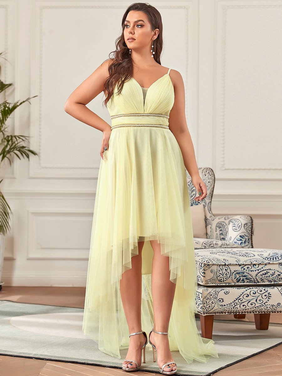 Plus Size Stylish Deep V Neck High Low Tulle Prom Dress - Ever-Pretty US