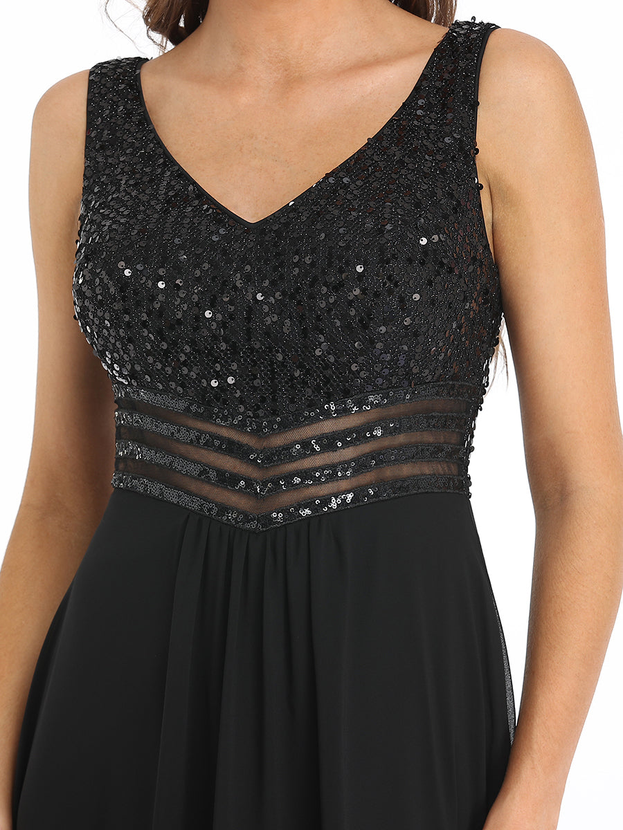 Color=Black | Elegant Paillette & Chiffon V-Neck A-Line Sleeveless Plus Size Evening Dresses-Black 5