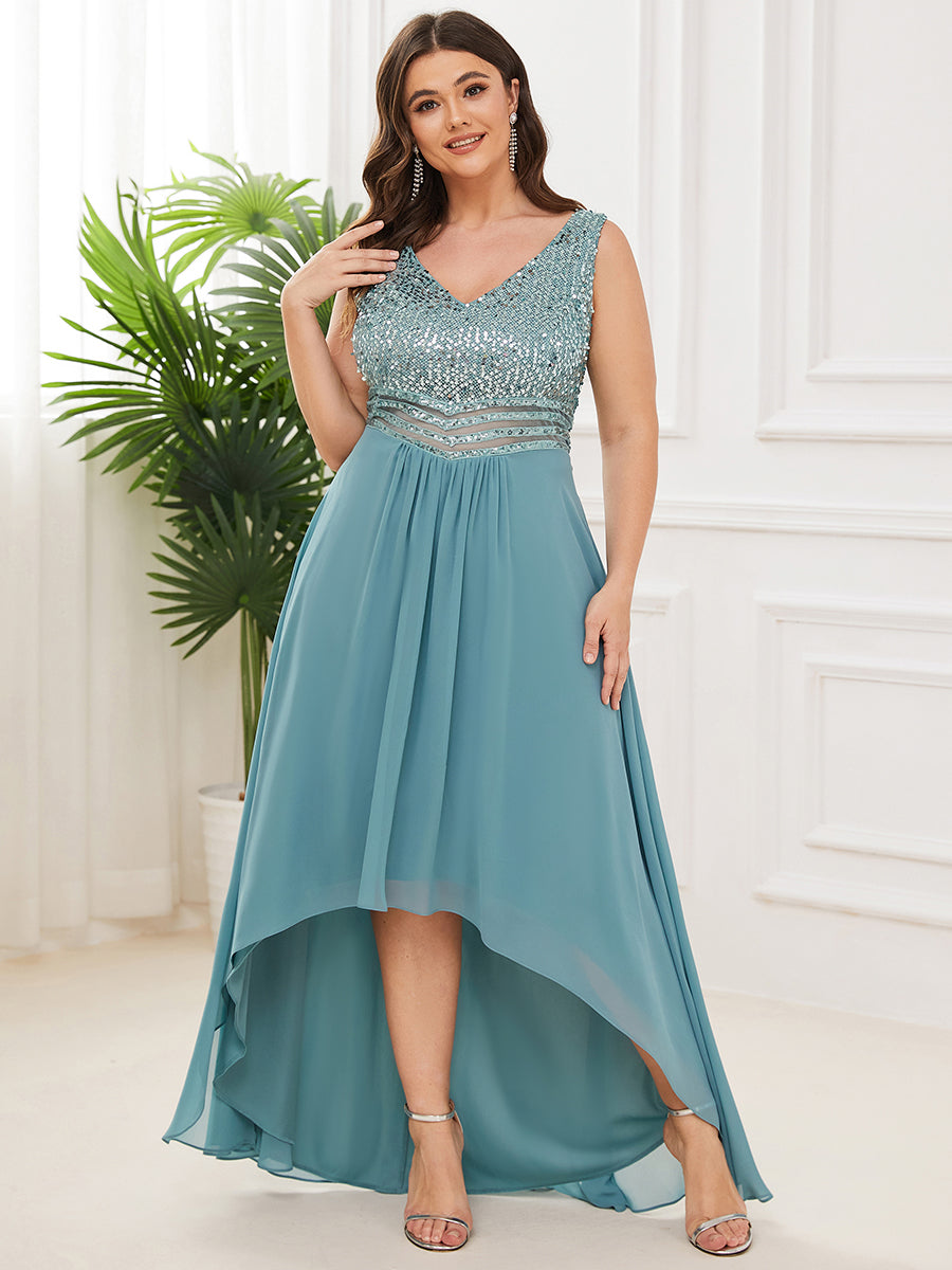 Color=Dusty Blue | Elegant Paillette & Chiffon V-Neck A-Line Sleeveless Plus Size Evening Dresses-Dusty Blue 1