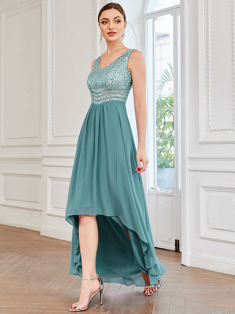 Color=Dusty Blue | Elegant Paillette & Chiffon V-Neck A-Line Sleeveless Plus Size Evening Dresses-Dusty Blue 3