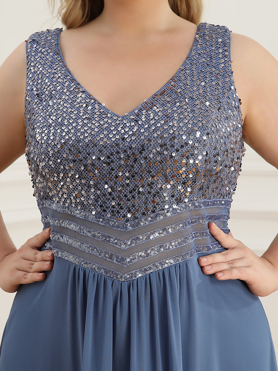 Color=Dusty Blue | Elegant Paillette & Chiffon V-Neck A-Line Sleeveless Plus Size Evening Dresses-Dusty Blue 5