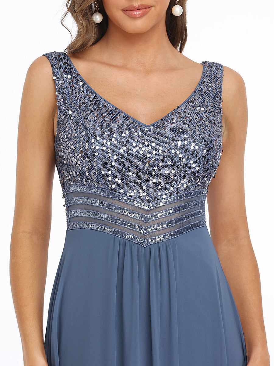Color=Dusty Blue | Elegant Paillette & Chiffon V-Neck A-Line Sleeveless Plus Size Evening Dresses-Dusty Blue 5