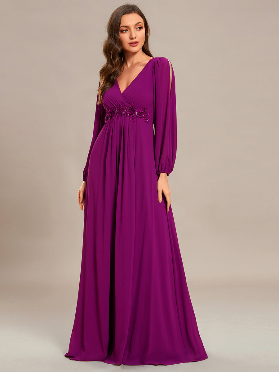 Color=Fuchsia | Floor Length Long Lantern Sleeves Wholesale Formal Dresses-Fuchsia2
