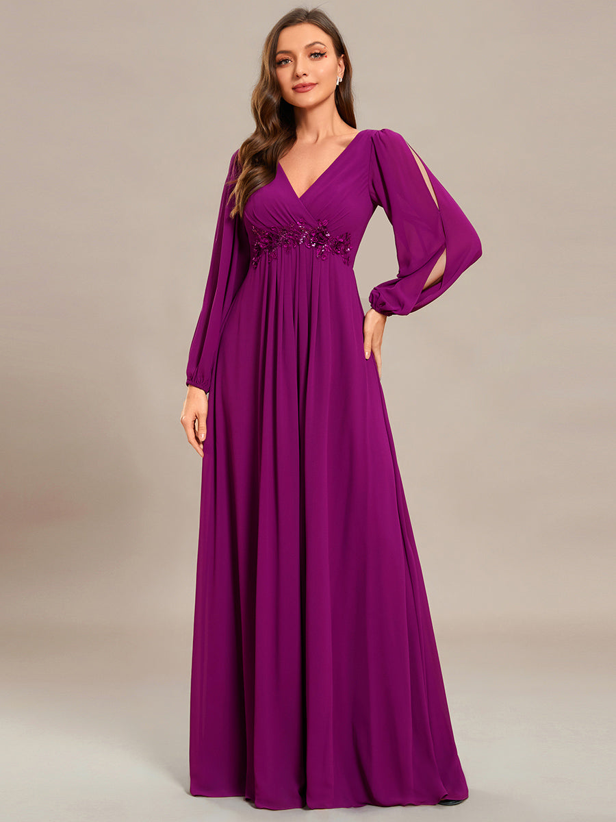 Color=Fuchsia | Floor Length Long Lantern Sleeves Wholesale Formal Dresses-Fuchsia4