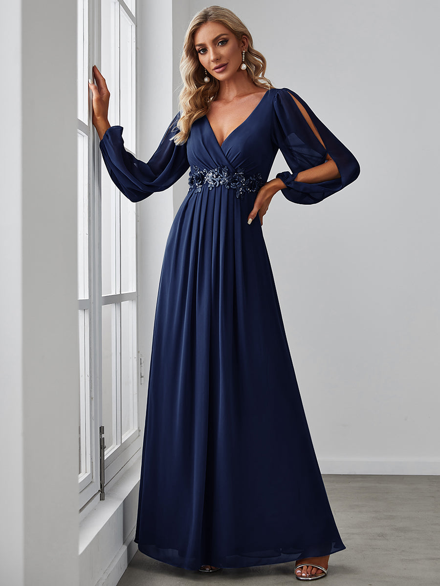 Color=Navy Blue | Floor Length Long Lantern Sleeves Wholesale Formal Dresses-Navy Blue4