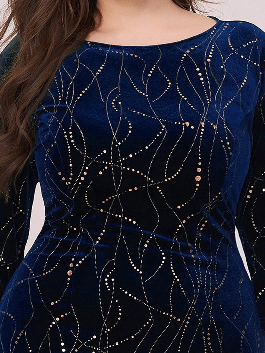 Color=Navy Blue | Elegant Plus Size Bodycon High-Low Velvet Party Dress-Navy Blue 5