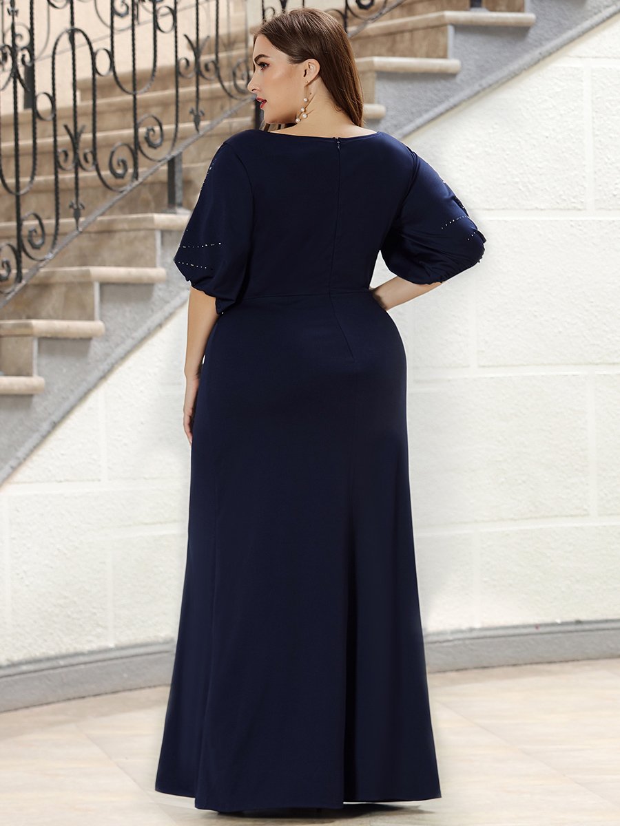 Color=Navy Blue | Trendy Round Neck Wholesale Floor Length Evening Dress-Navy Blue 10