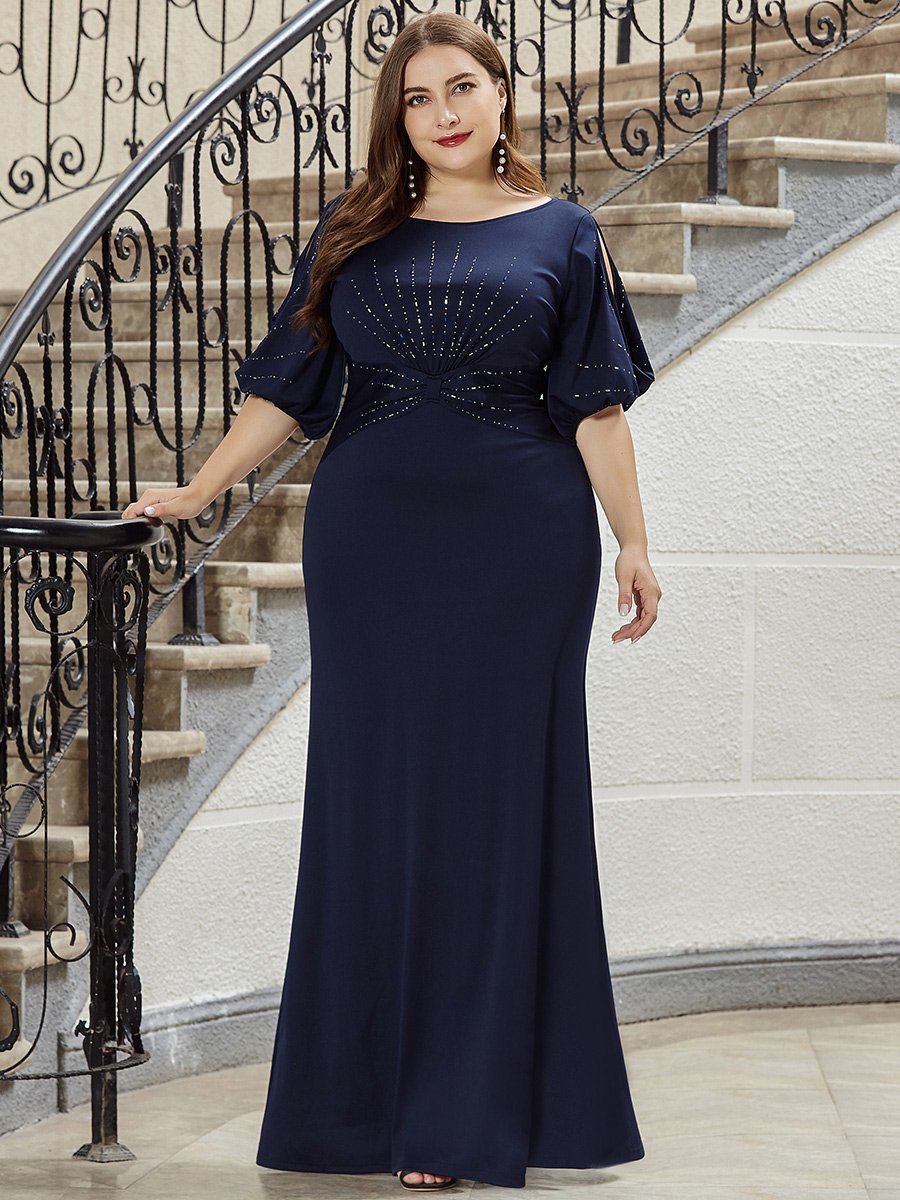 Color=Navy Blue | Trendy Round Neck Wholesale Floor Length Evening Dress-Navy Blue 10