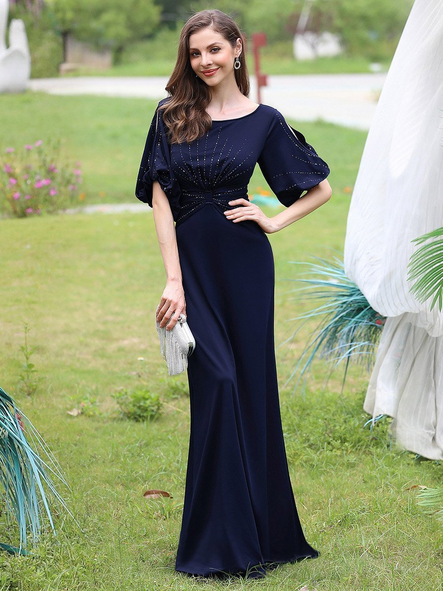 Color=Navy Blue | Trendy Round Neck Wholesale Floor Length Evening Dress-Navy Blue 10