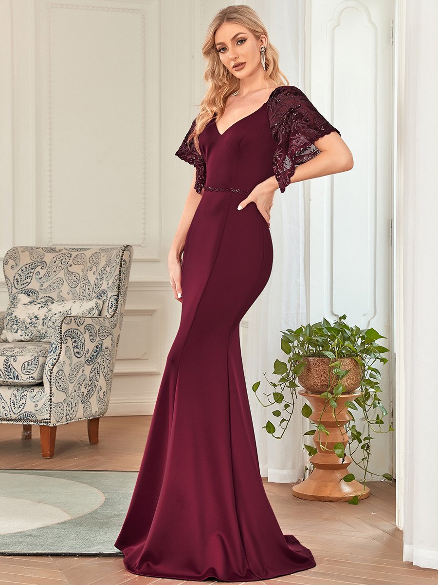 Color=Burgundy | Sexy Maxi V Neck Wholesale Party Dress With Flare Sleeves-Burgundy 4