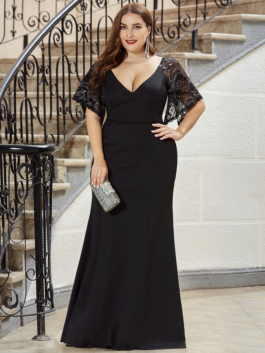 Color=Black | Elegant Plus Size V Neck Fishtail Evening Dress Wholesale-Black 1