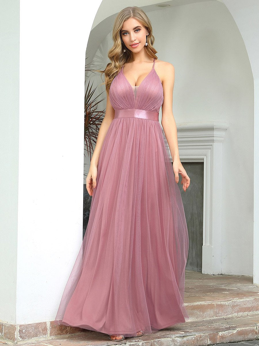 Color=Orchid | Sexy Floor Length Deep V-Neck A-Line Tulle Backless Evening Dresses-Orchid 1