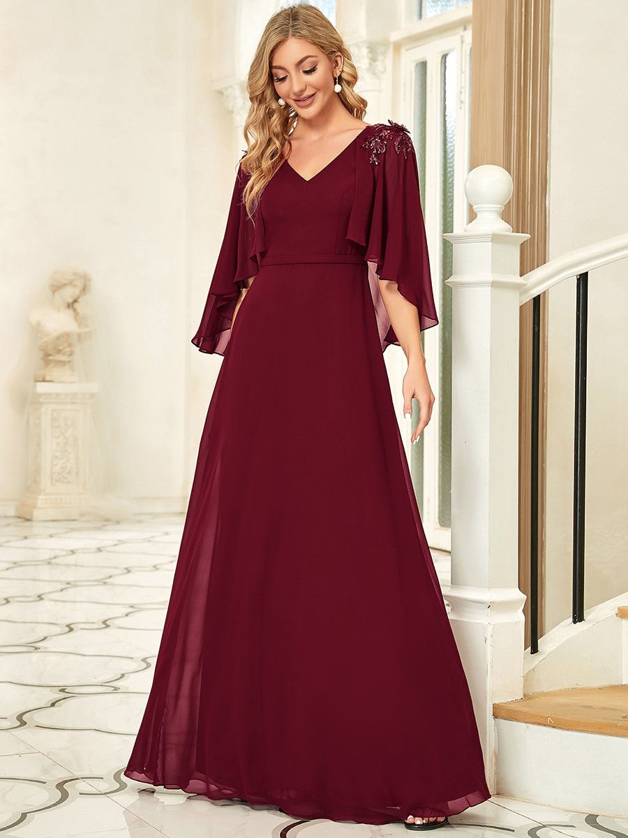 Color=Burgundy | Women'S V Neck Chiffon Bridesmaid Dresses With Wraps-Burgundy 4