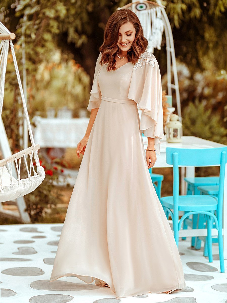 Color=Blush | Women'S V Neck Chiffon Bridesmaid Dresses With Wraps-Blush 3