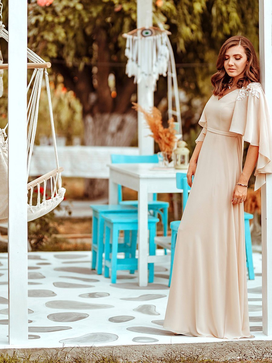 Color=Blush | Women'S V Neck Chiffon Bridesmaid Dresses With Wraps-Blush 4