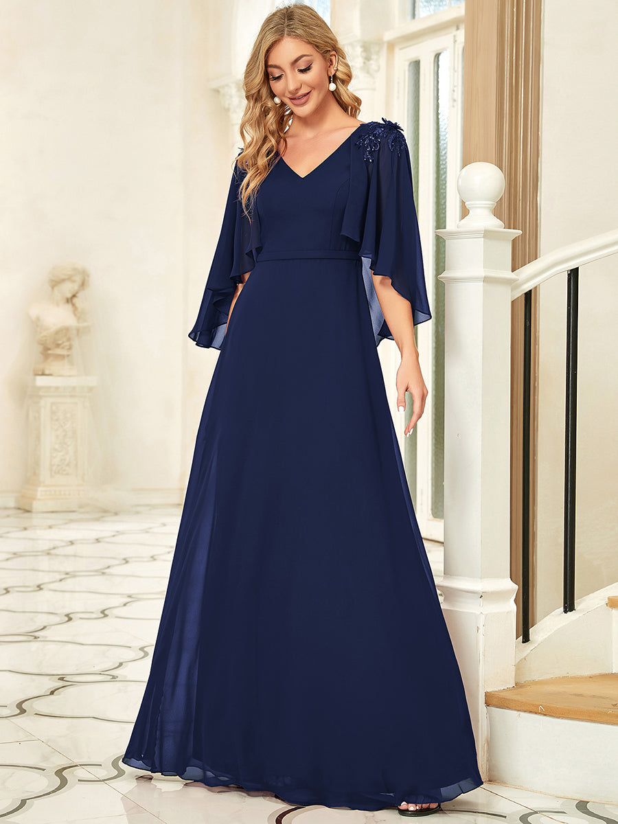 Color=Navy Blue | Women'S V Neck Chiffon Bridesmaid Dresses With Wraps-Navy Blue 4