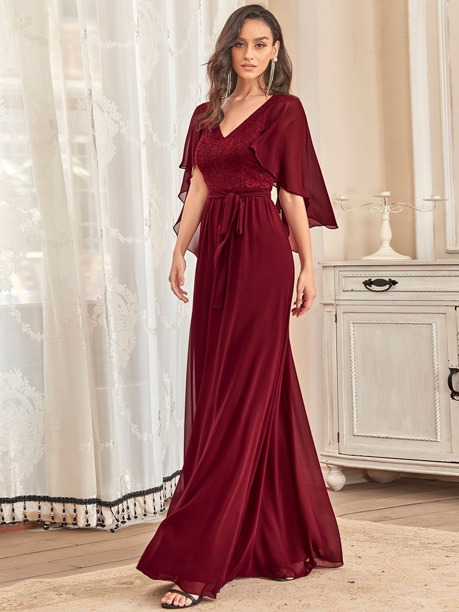 Color=Burgundy | Women'S Wholesale Deep V Neck Plus Size Evening Dress With Lace-Burgundy 3