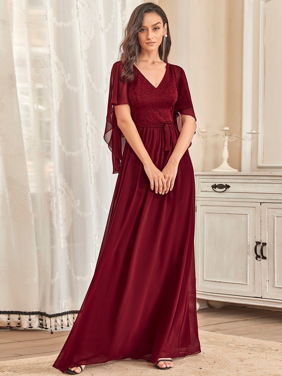 Color=Burgundy | Women'S Wholesale Deep V Neck Plus Size Evening Dress With Lace-Burgundy 4